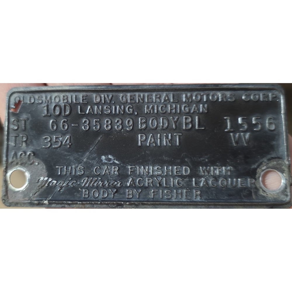 1966 Oldsmobile 88 Fisher Body Data Plate VIN Tag 4 Door Hardtop